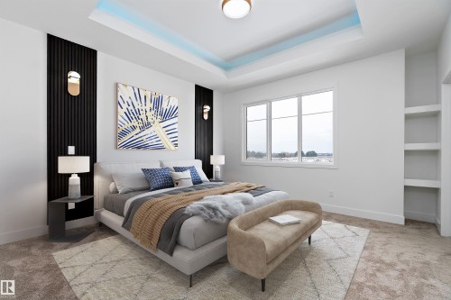 This bedroom features a large window, recessed ceiling lighting, and built-in shelving - 219 Crystal Creek Dr, Leduc, AB - Indoor Photo Showing Bedroom