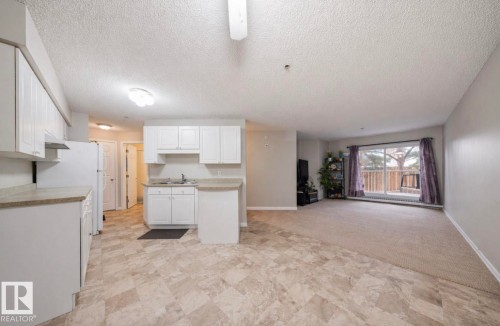 The property features a kitchen with white cabinetry, a refrigerator, and a sink, alongside a living area with carpeted floors and a sliding glass door that opens to an outdoor space - 103 12110 119 Ave, Edmonton, AB - Indoor Photo Showing Kitchen