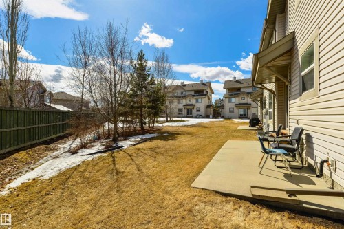 The property features a private patio area and an expansive yard with a lawn, mature trees, and a wooden fence - 67 12050 17 Avenue, Edmonton, AB - Outdoor