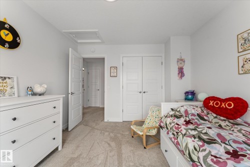 The property features light gray walls and plush carpeting, creating a bright and inviting atmosphere - 13 Spring Link, Spruce Grove, AB - Indoor Photo Showing Bedroom