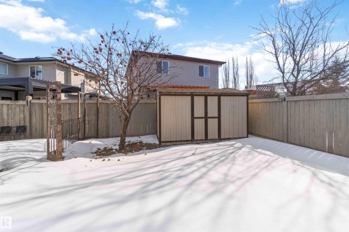 The property features a spacious yard with a storage shed and privacy fencing - 31 Everitt Drive, St. Albert, AB - Outdoor