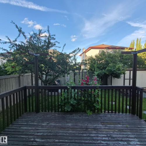 The property features a private deck with railings and a view of the backyard, which includes a lawn and mature trees - 31 Everitt Drive, St. Albert, AB - Outdoor With Deck Patio Veranda