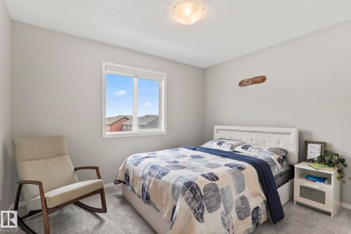 The room features light gray walls and plush gray carpeting - 5164 Lark Crescent Nw, Edmonton, AB - Indoor Photo Showing Bedroom