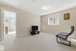 This inviting room features neutral-toned carpeting and walls, a window providing natural light, and a ceiling-mounted light fixture - 
