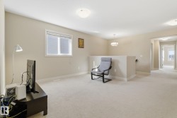 Spacious interior room with light-colored carpet, a window with blinds, and white trim throughout - 