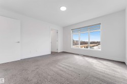 This room features light gray carpeting, white walls, and a large window with horizontal blinds - 