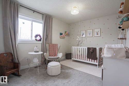 The room features a window with curtains, light gray carpeting, and a white ceiling light fixture - 9319 92 Street, Edmonton, AB - Indoor