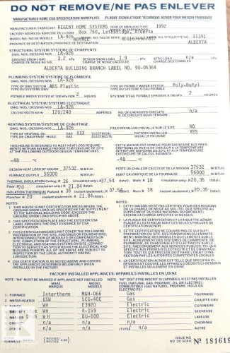 Manufactured Home CSA Specification Nameplate. Detailing structural, plumbing, electrical, and heating systems, and installed appliances for the property - 50124 Range Road 203, Rural Beaver County, AB - Other