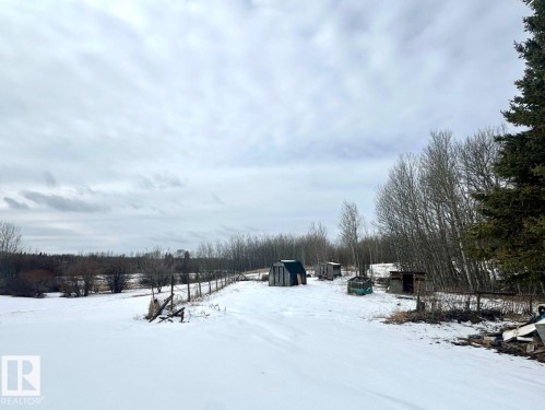 The property features a large, snow-covered expanse with a line of bare trees in the background and a denser evergreen tree line to the right - 50124 Range Road 203, Rural Beaver County, AB - Outdoor With View