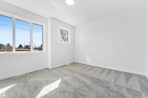 This space features abundant natural light from multiple windows, neutral white walls, and grey patterned carpeting - 10962 157 Street, Edmonton, AB - Indoor Photo Showing Other Room