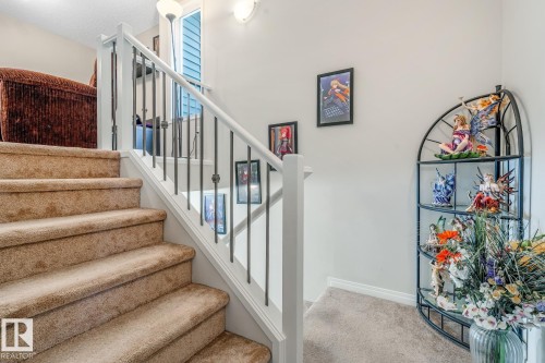 The carpeted staircase features white risers and handrails with black metal balusters - 3109 Carpenter Landing, Edmonton, AB - Indoor Photo Showing Other Room