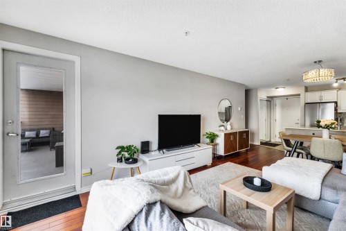 The living area features hardwood floors, a light-colored area rug, and a glass-paneled door leading to an outdoor space - 319 17404 64 Avenue, Edmonton, AB - Indoor Photo Showing Living Room