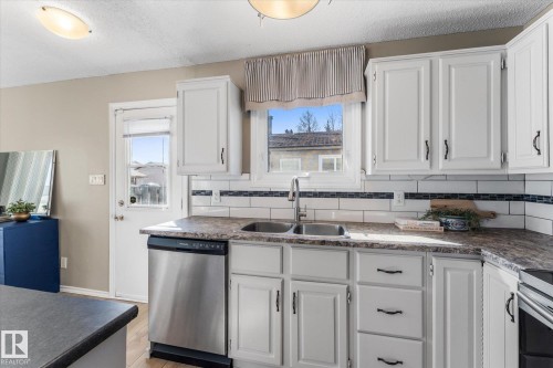The kitchen features white cabinetry, a double basin sink, and stainless steel appliances, including a dishwasher - 2626 49 Street, Edmonton, AB - Indoor Photo Showing Kitchen With Double Sink