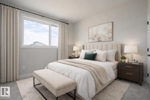 This room features a window with drapes, light-colored walls, and carpeting - Rural Leduc County, AB - Indoor Photo Showing Bedroom