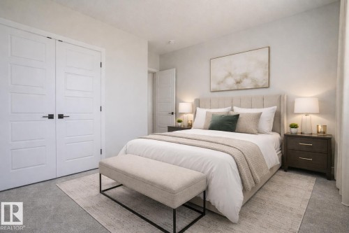 This room features a plush upholstered bed frame, two bedside tables with drawers, and elegant lighting fixtures - Rural Leduc County, AB - Indoor Photo Showing Bedroom