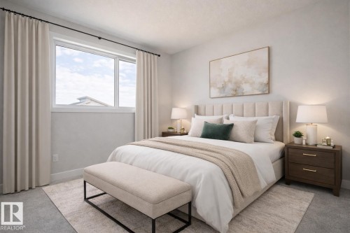 This room features a window with curtains, a bed with a fabric headboard, and a rug on carpeted flooring - Rural Leduc County, AB - Indoor Photo Showing Bedroom