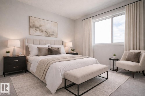 This bedroom features a large window with drapes, a carpeted floor, and a neutral color palette - Rural Leduc County, AB - Indoor Photo Showing Bedroom