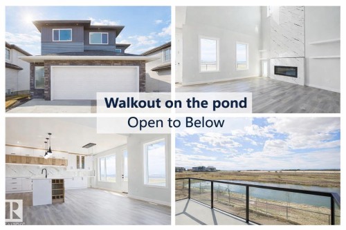 Marketing Material. Presenting a four-panel collage of the property's exterior, interior spaces, and outdoor perspective, with descriptive text overlays - Rural Leduc County, AB - Outdoor