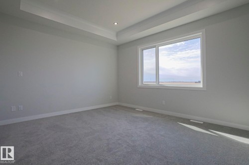 This room features carpeting, a large window, and a tray ceiling with recessed lighting - Rural Leduc County, AB - Indoor Photo Showing Other Room