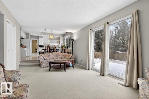 Living area with light-colored carpeting and sliding glass doors leading to the exterior - 391 Lee Ridge Road, Edmonton, AB - Indoor Photo Showing Living Room