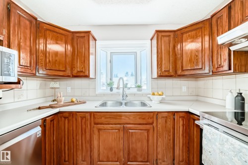 The kitchen features U-shaped wood cabinetry, a double basin stainless steel sink with a single-handle faucet, and a tiled backsplash - 287 Lago Lindo Crescent, Edmonton, AB - Indoor Photo Showing Kitchen With Double Sink