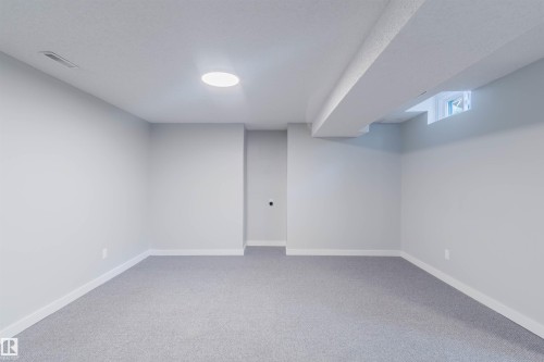Spacious room featuring light gray carpet, white baseboards, and a circular overhead light fixture - 17308 61 Avenue, Edmonton, AB - Indoor Photo Showing Other Room