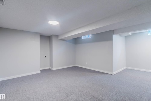Spacious room featuring light grey carpet, white baseboards, and a ceiling-mounted light fixture - 17308 61 Avenue, Edmonton, AB - Indoor