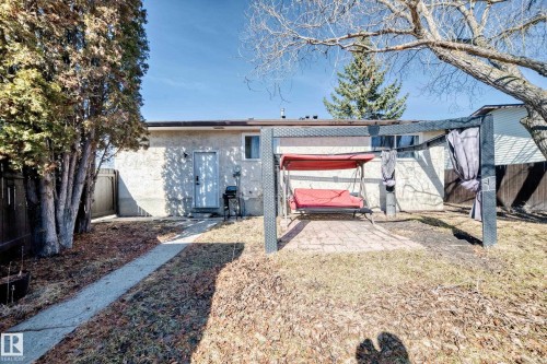 The property features a private yard with a paved patio area, mature trees, and a walkway leading to a back entrance - 11323 162 Avenue, Edmonton, AB - Outdoor