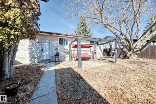 The property features a private yard with a paved walkway, a patio area, and mature trees - 11323 162 Avenue, Edmonton, AB - Outdoor
