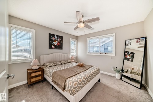 This room features plush grey carpeting, light-colored walls, and a ceiling fan with integrated lighting - 11 1530 Tamarack Boulevard, Edmonton, AB - Indoor Photo Showing Bedroom
