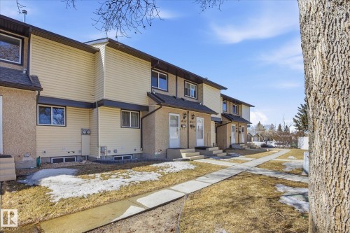 The property features a row of homes with light-colored siding, dark roofs, and multiple windows - 3237 142 Avenue, Edmonton, AB - Outdoor