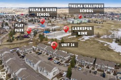 Aerial view highlighting the property's location within a residential area, with nearby amenities including a play park, a rink, and two schools - 