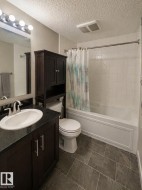 Bathroom featuring a vanity with a white sink, a dark countertop, and dark cabinetry - 