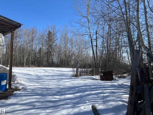The property features an expansive, snow-covered yard surrounded by numerous trees and a clear blue sky - 55131 Range Road 83, Rural Yellowhead, AB - Outdoor With View