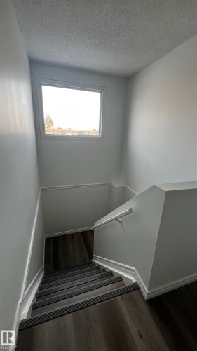 Staircase featuring dark wood-style flooring, white walls, and a window providing natural light - 3323 107 Avenue Nw, Edmonton, AB - Indoor Photo Showing Other Room
