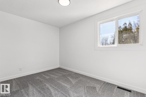 This room features a window providing views of trees, a ceiling light fixture, and grey patterned carpeting - 95 Ridgewood Terrace, St. Albert, AB - Indoor Photo Showing Other Room
