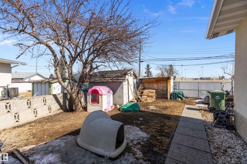 The property features a spacious backyard with a mature tree, a paved pathway, and a shed for additional storage - 28 Camelot Avenue, Leduc, AB - Outdoor