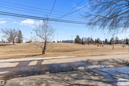 View of the surrounding community parkland, featuring mature trees, open grassy areas, and recreational equipment - 28 Camelot Avenue, Leduc, AB - Outdoor With View
