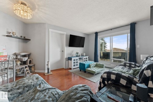 The living area features hardwood flooring, light grey walls, and a sliding glass door leading to an outdoor space - 208 6710 158 Avenue, Edmonton, AB - Indoor Photo Showing Other Room