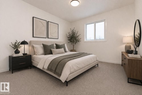 The bedroom features light-colored walls and carpeting, creating a bright and inviting atmosphere - 6298 180 Avenue, Edmonton, AB - Indoor Photo Showing Bedroom