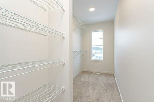 This walk-in closet features ample wire shelving, a window providing natural light, a recessed ceiling light, and carpeted flooring - 6298 180 Avenue, Edmonton, AB - Indoor With Storage