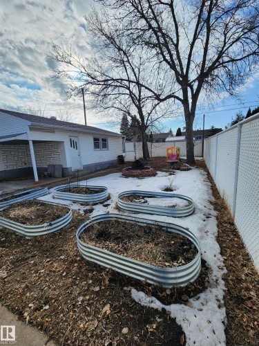 The property includes a spacious yard featuring several raised garden beds and mature trees - 10305 98 Avenue, Fort Saskatchewan, AB - Outdoor