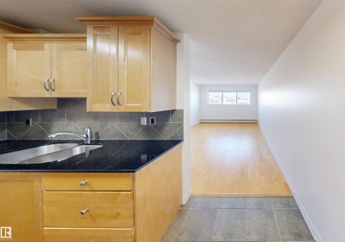 The kitchen features light wood cabinetry, dark countertops, and a stainless steel sink with a modern faucet - 303 8215 83 Avenue, Edmonton, AB - Indoor Photo Showing Kitchen With Double Sink