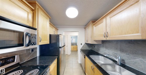 The kitchen features stainless steel appliances, light wood cabinetry, dark stone countertops, and a gray tiled backsplash - 303 8215 83 Avenue, Edmonton, AB - Indoor Photo Showing Kitchen