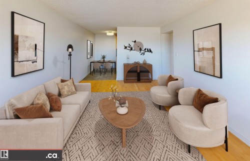 The living area features light-toned walls, hardwood flooring, and a patterned area rug - 303 8215 83 Avenue, Edmonton, AB - Indoor Photo Showing Living Room