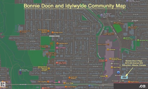 Community Map. Displaying the spatial arrangement of the Bonnie Doon and Idylwylde communities, including various establishments and property addresses - 303 8215 83 Avenue, Edmonton, AB - Other