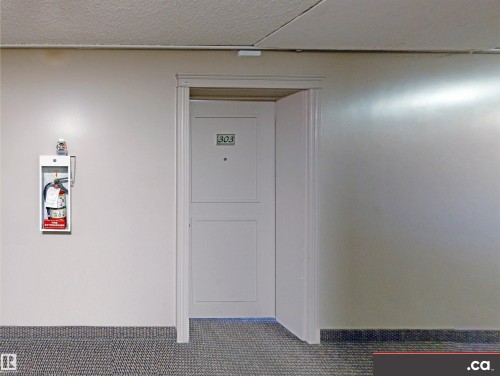The property features a white panel door and a patterned carpeted hallway - 303 8215 83 Avenue, Edmonton, AB - Indoor