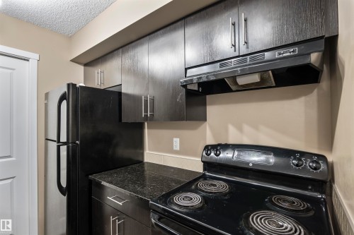 The kitchen features dark wood-look cabinetry with silver hardware, a black electric range with an overhead exhaust fan, and a stainless steel refrigerator - 214 5816 Mullen Place, Edmonton, AB - Indoor Photo Showing Kitchen
