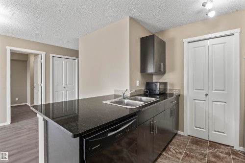 The kitchen features dark cabinetry, granite countertops, a double basin sink, and an integrated dishwasher - 214 5816 Mullen Place, Edmonton, AB - Indoor Photo Showing Kitchen With Double Sink