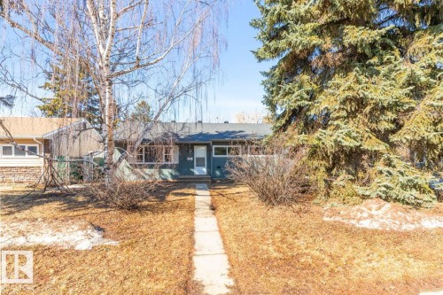 The property features a front walkway leading to the entrance, a front yard with mature trees, and a dark-colored exterior - 13108 133 Street, Edmonton, AB - Outdoor